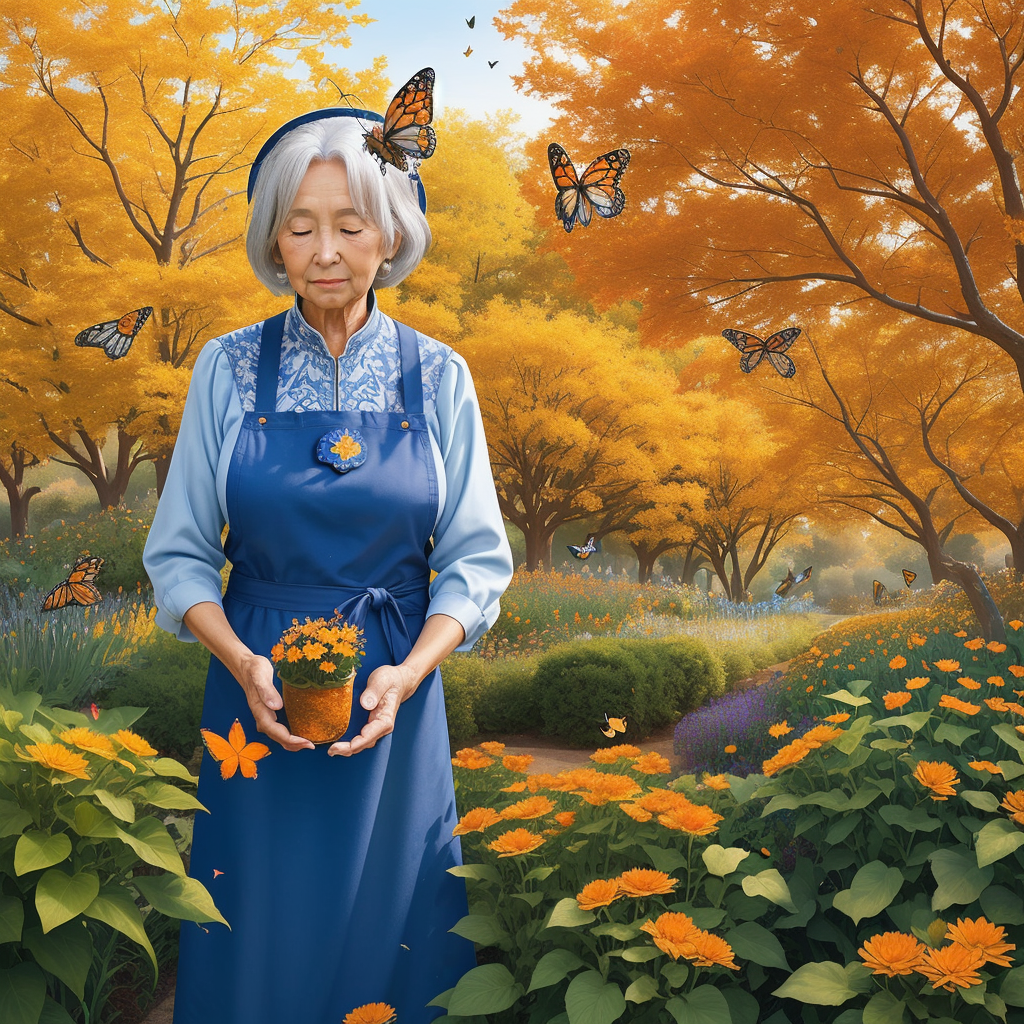 An elderly woman with silver hair surrounded by monarch butterflies in an autumn garden