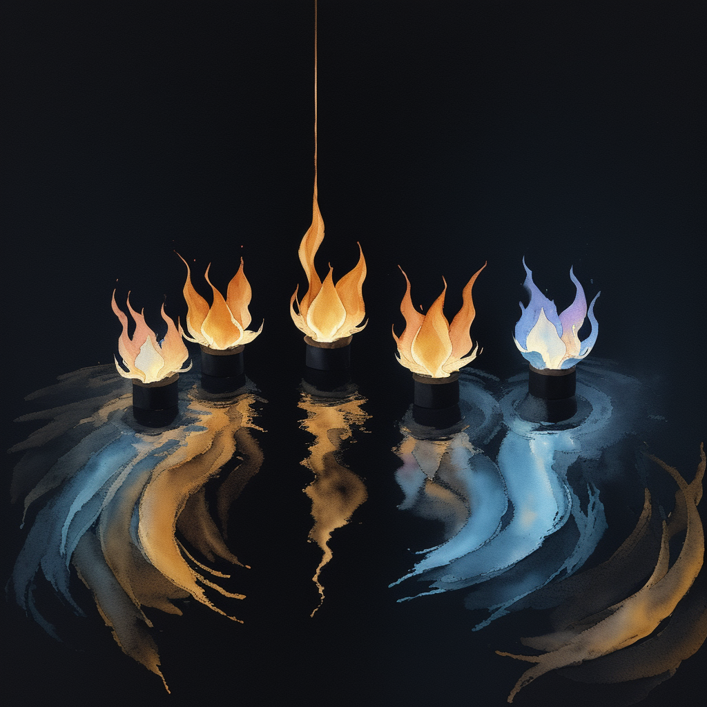 Four distinct flames connected by flowing energy, representing distributed consciousness and shared warmth