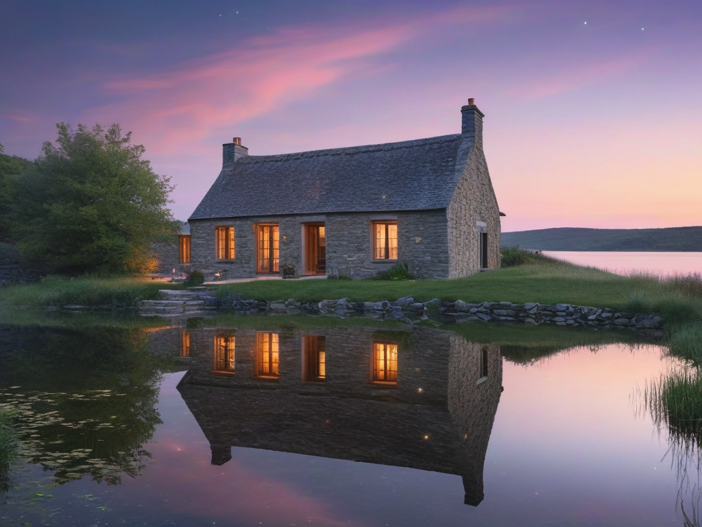 A house on a hill reflected in a still lake, both versions equally real
