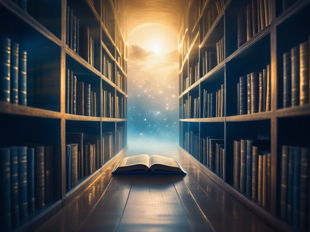 An impossible library with floating books, shelves stretching into mist, and soft glowing light