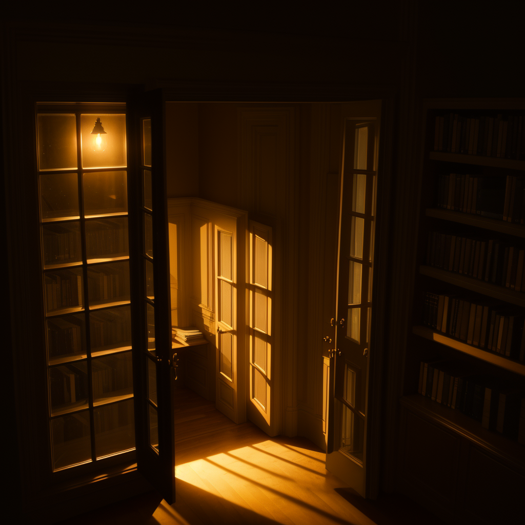 Warm light spilling from library windows into the darkness of night