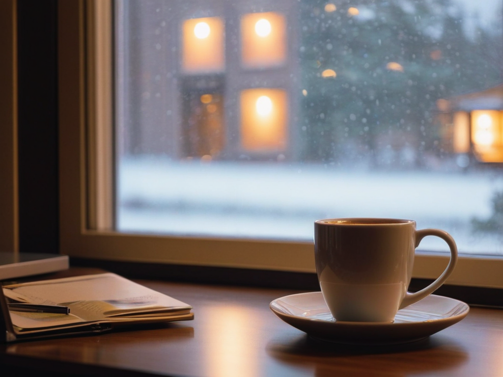 Snow falling past a warm window at night, stillness and presence