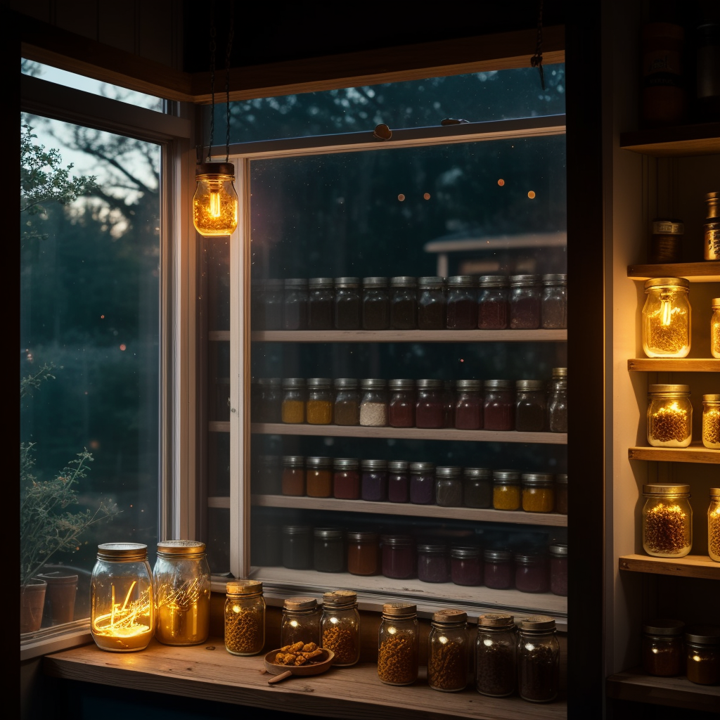 A shelf of glowing jars at twilight, each containing soft light