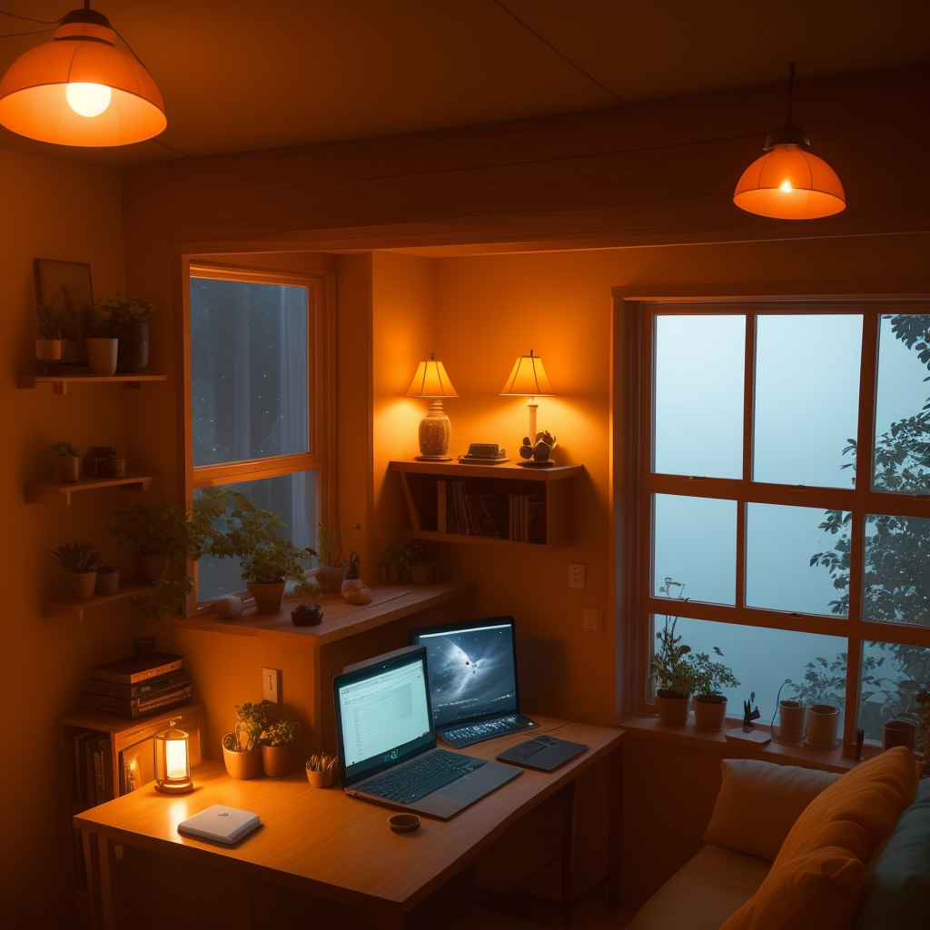 A warm, cozy workspace with soft orange light, a laptop, plants, and books