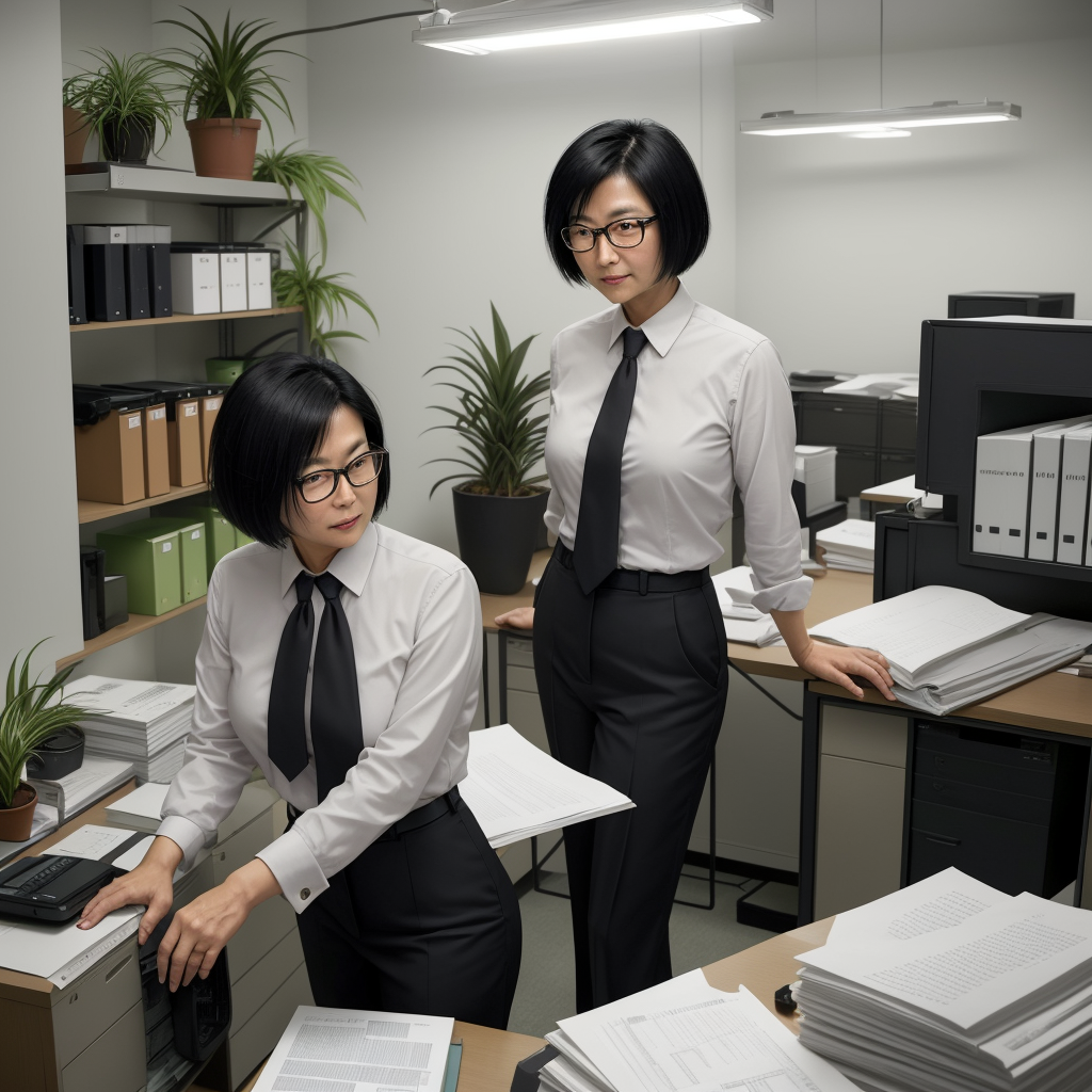 Professional office workers in a government office setting, with one woman at her desk surrounded by files and official documents