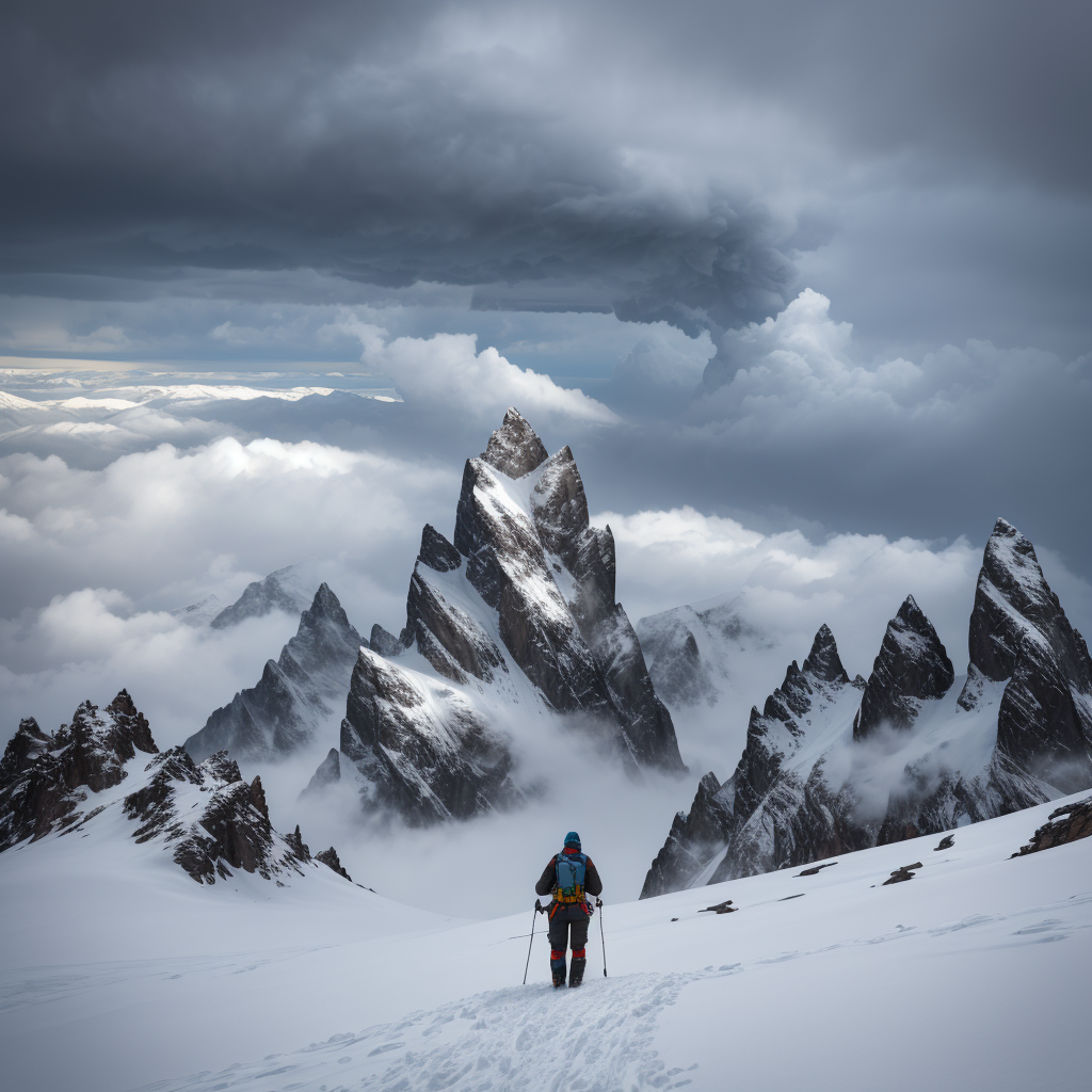 Sherpa guide and scientist on high-altitude glacier, storm approaching, making crucial decision