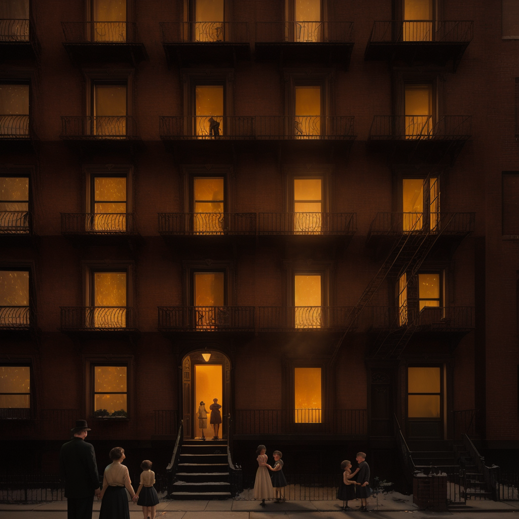 An apartment building at golden hour with warm lit windows, each one holding stories of families who have called it home