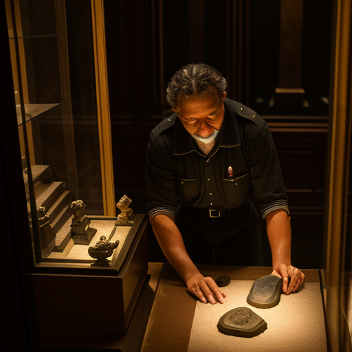 Museum at night with custodian carefully adjusting ancient artifacts in display cases