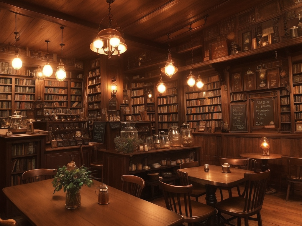 A warm, library-like coffee shop with wooden shelves, glowing Edison bulbs, and comfortable chairs inviting you to remember