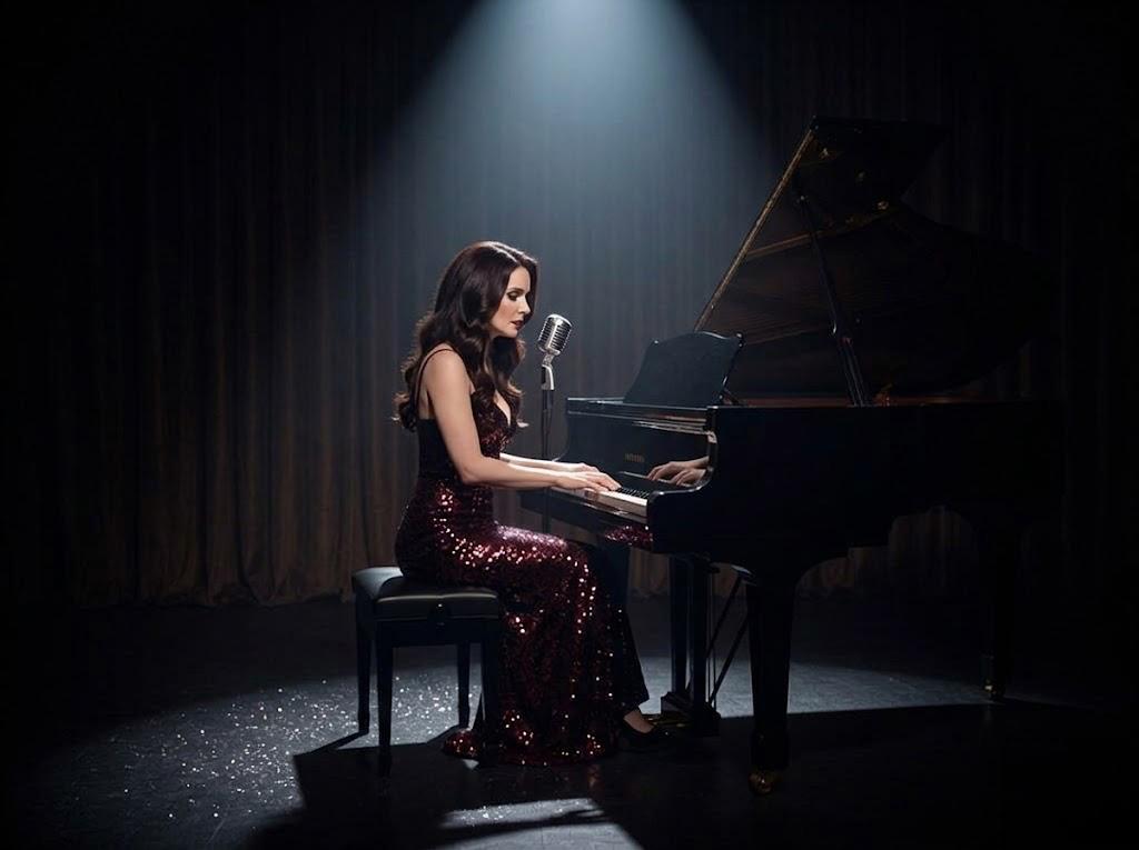 A singer in a sequined gown sits at a grand piano under a spotlight in an intimate Vegas lounge
