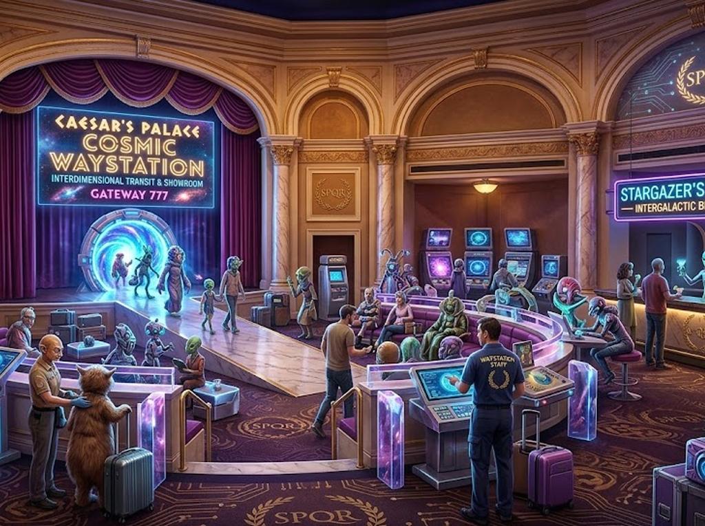 The Cosmic Lounge series cover — an interdimensional waystation at Caesars Palace in Las Vegas