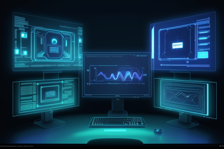 Futuristic workstation with multiple holographic screens showing neural patterns and data archaeology interfaces