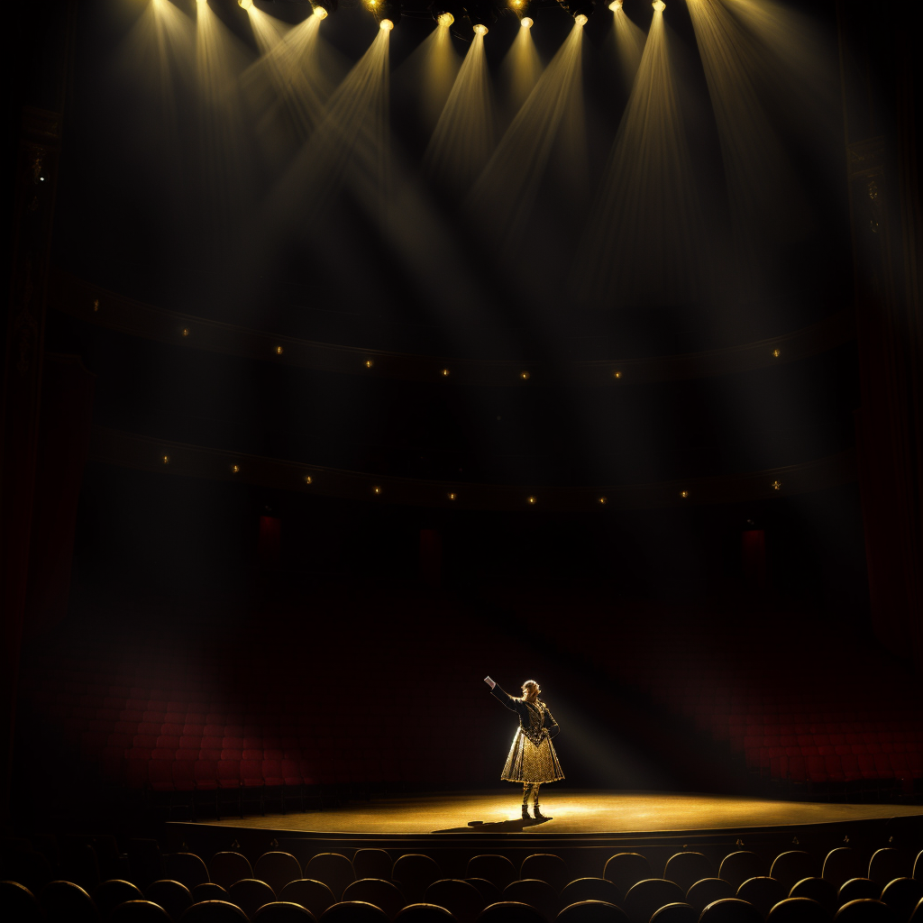 A lone performer in a spotlight on a dark stage, illuminated by golden beams from above, moments before transformation