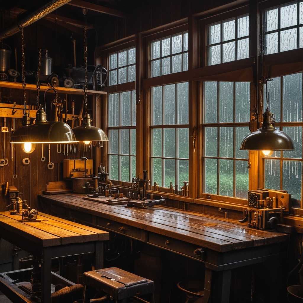 A warm workshop interior with golden light spilling through windows into rainy darkness
