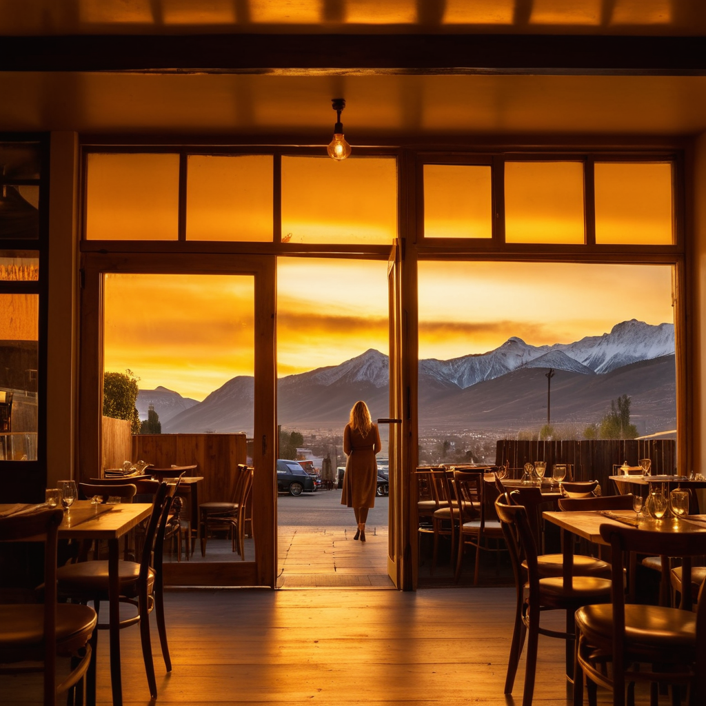 A woman standing in the doorway of a warm restaurant at sunset, mountains in the background, golden light spilling across wooden chairs