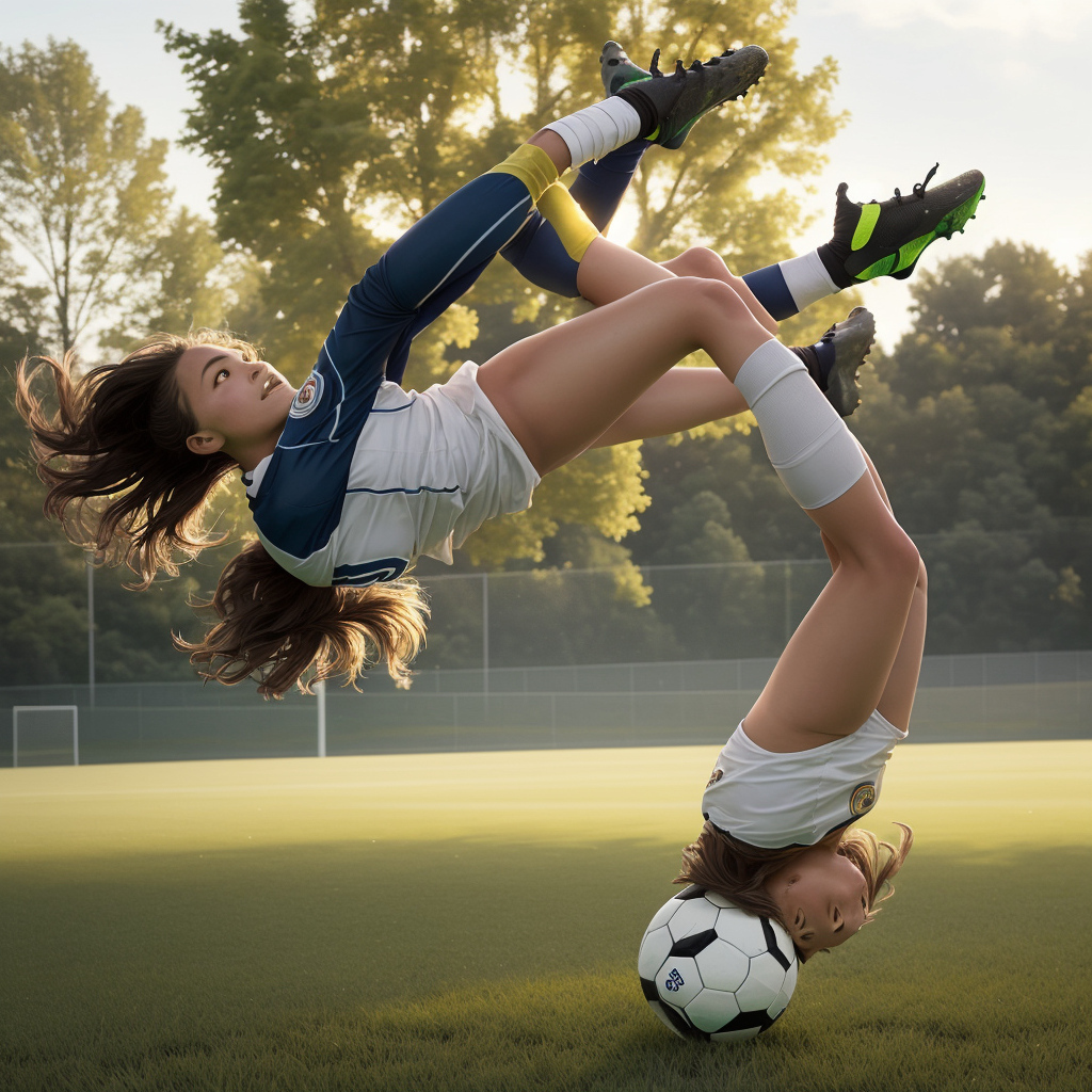 Young female goalkeeper diving to save a ball at sunset, trusting the air to catch her