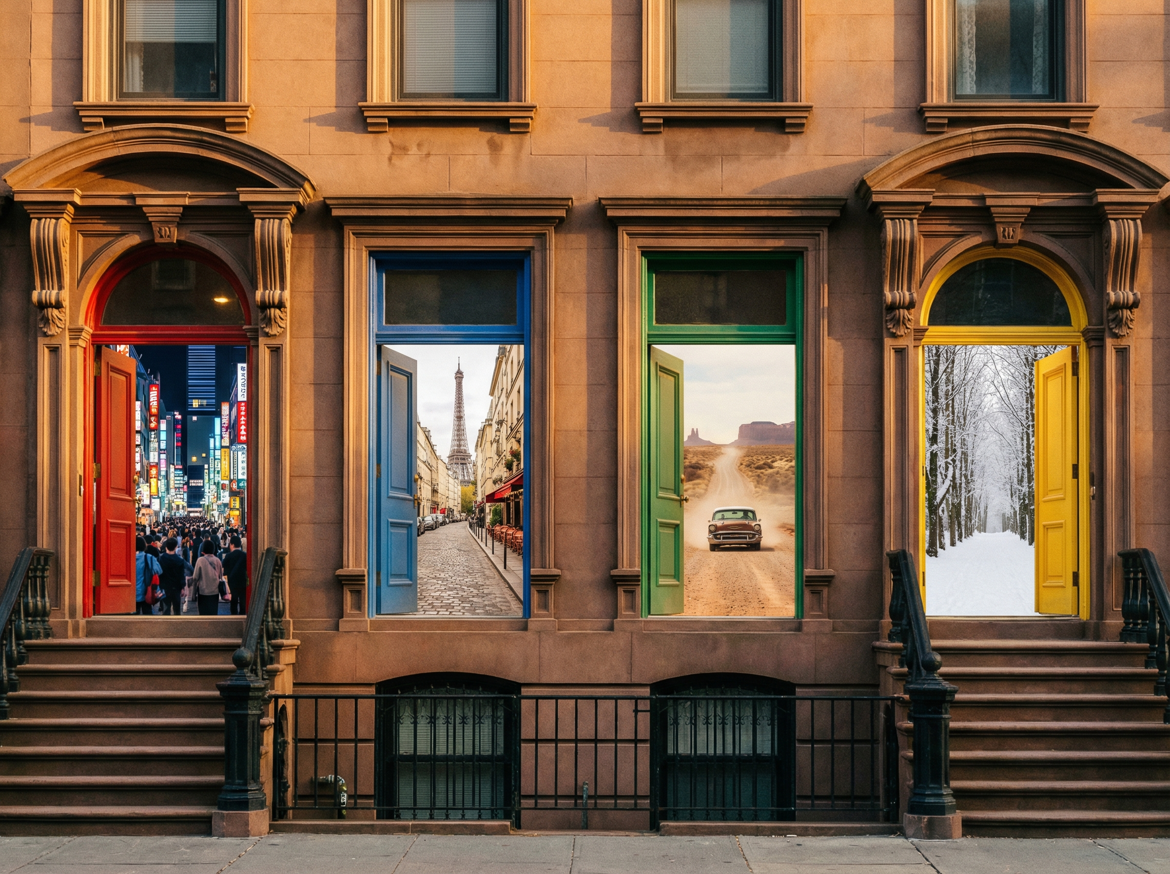 A brownstone building with four colored doorways, each opening to a different city