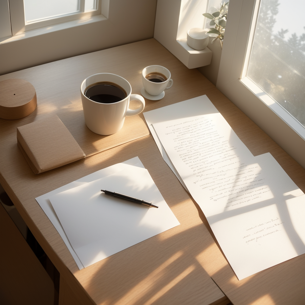 A peaceful desk by a sunlit window with coffee, a blank calendar, and soft morning light - a space for designing personal rituals