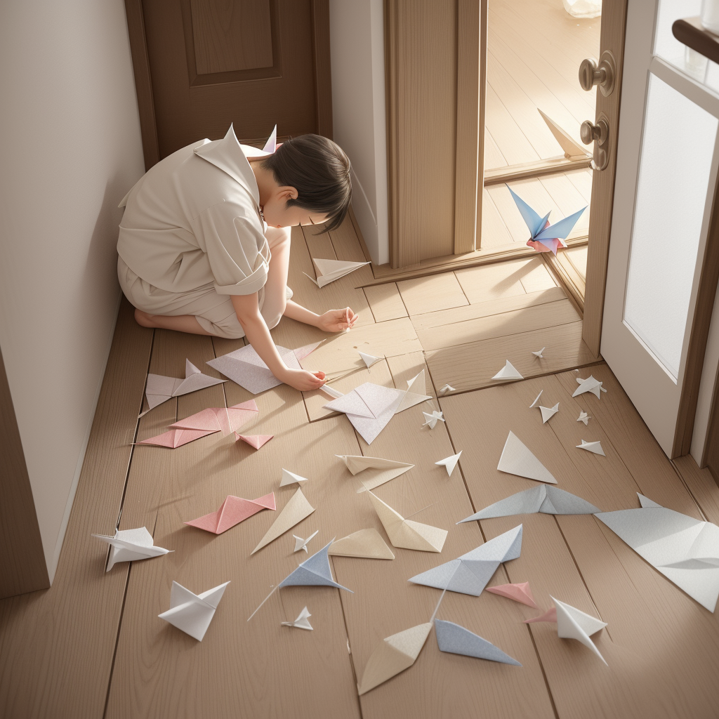 Someone folding origami surrounded by colorful paper cranes and stars, building a wordless language
