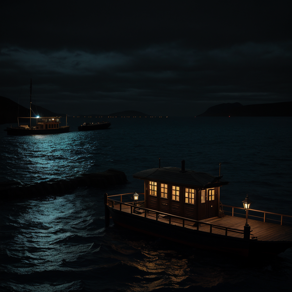 An old wooden ferry boat with warm amber running lights pushing off from a dark stone pier into a vast black windswept northern lake at night, a second boat's lights out on the water, choppy dark waves, a distant far shore