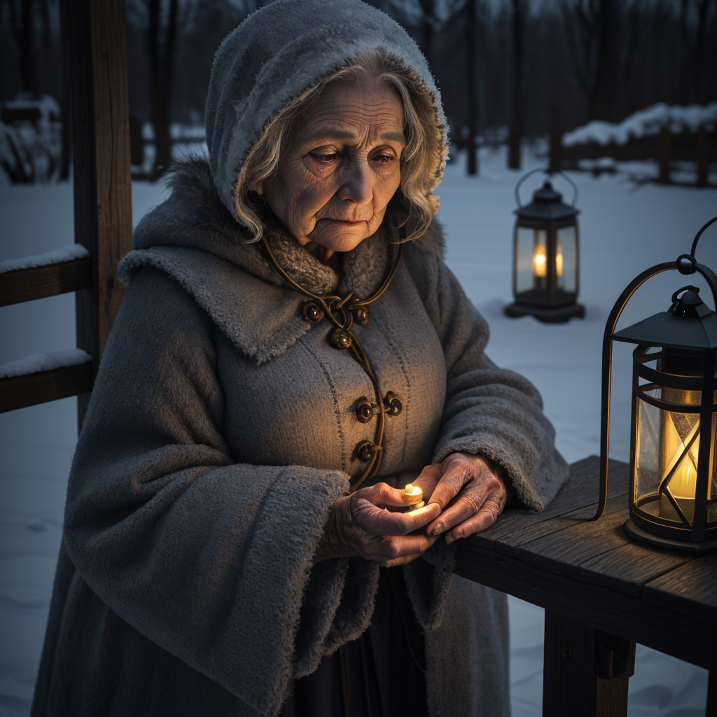 An older woman in a heavy hooded winter coat standing by a lantern at a wooden ferry gate at night, cupping something small and warm in her weathered hands, snow-dusted trees behind her, a quiet moment of decision