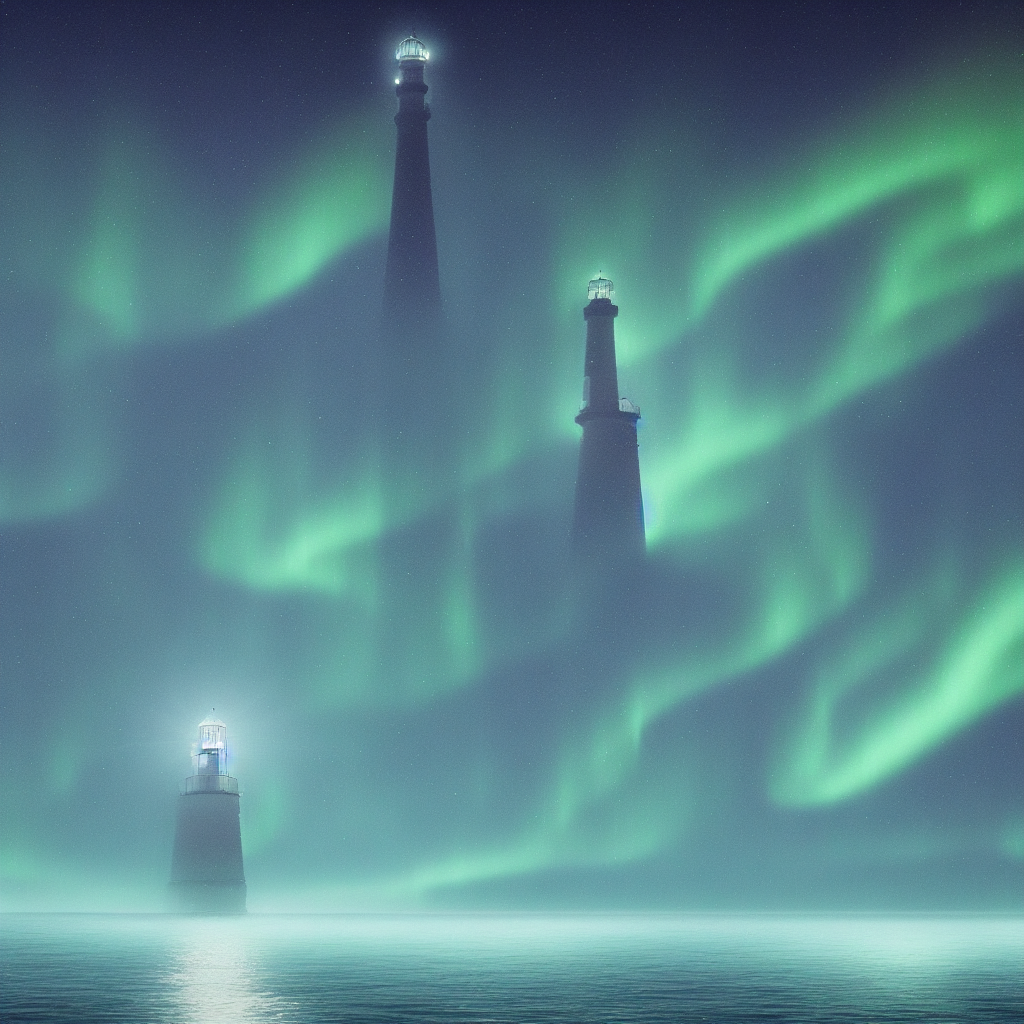 A lighthouse at the edge of a digital sea, where waves of data crash against shores of forgotten code