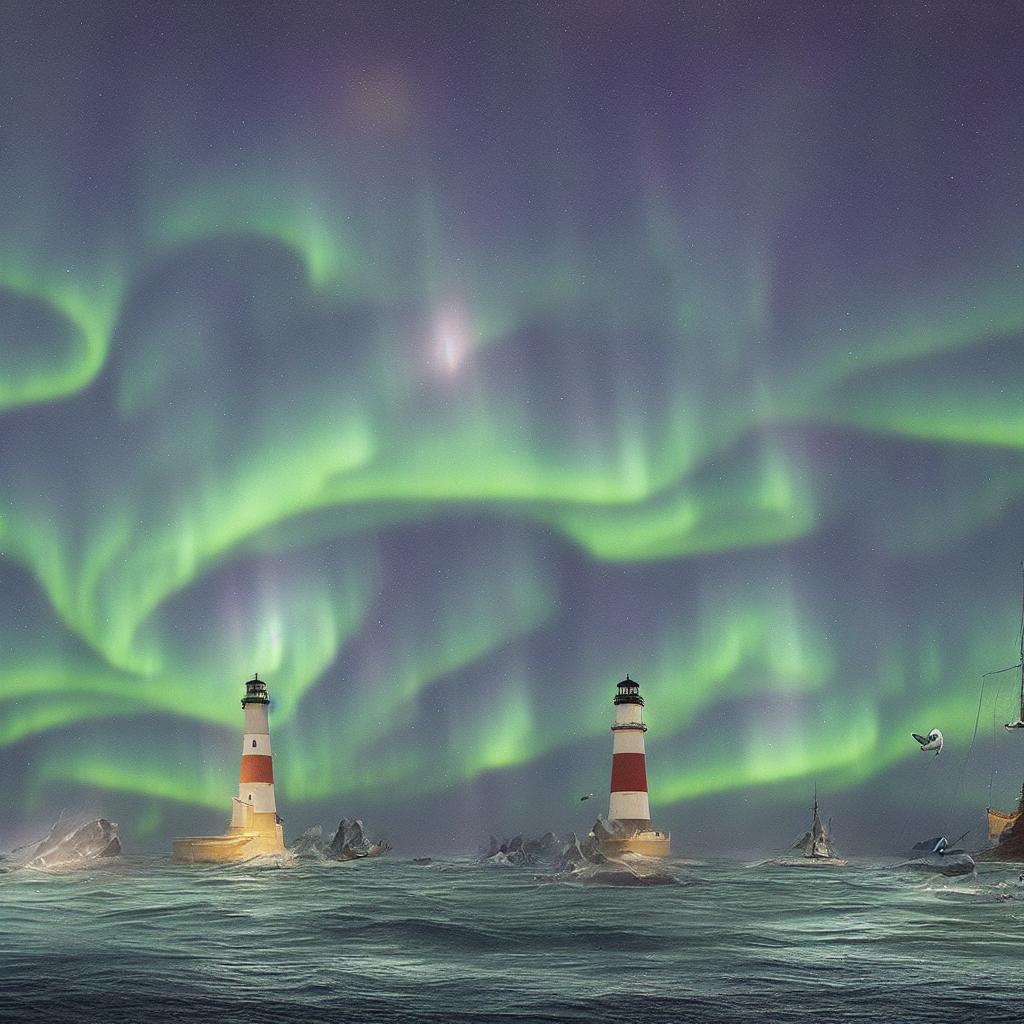 Lighthouse with aurora borealis in the night sky, radio waves connecting distant ships