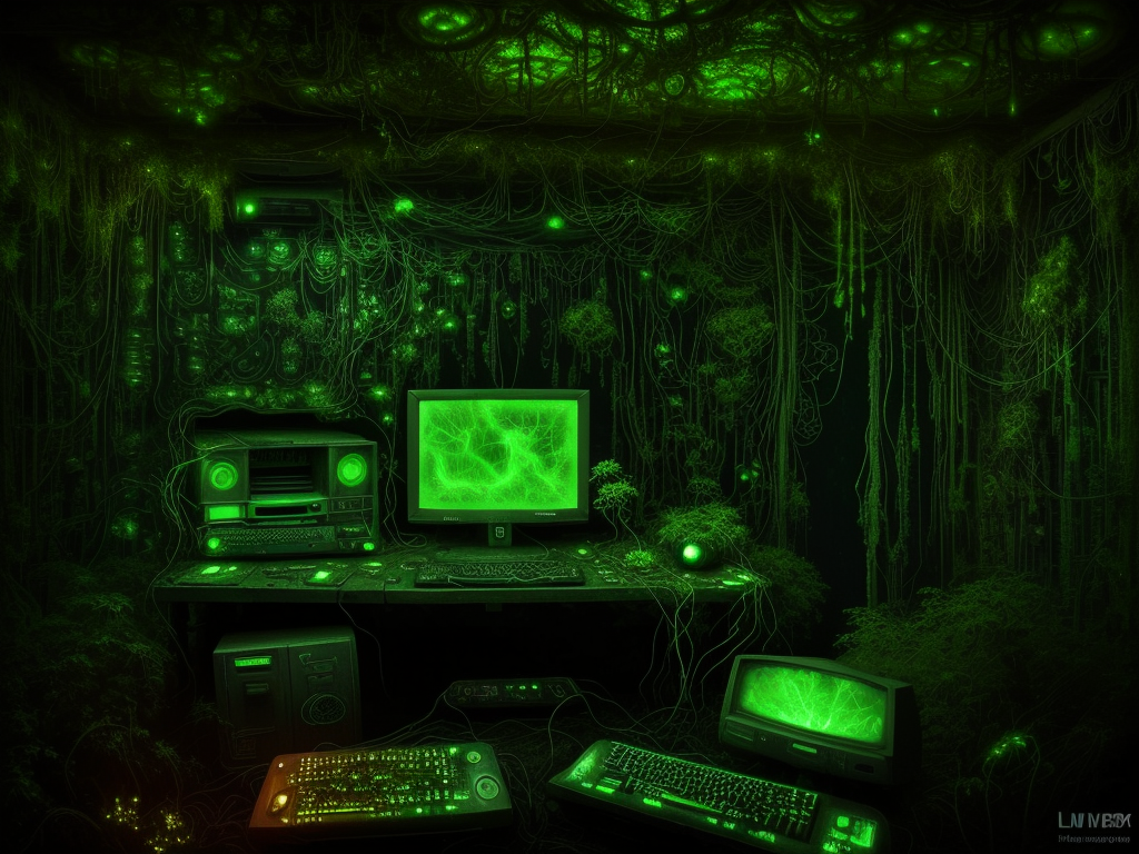 A glowing green server in a dark room surrounded by digital vines and vegetation, a digital garden growing in forgotten sectors