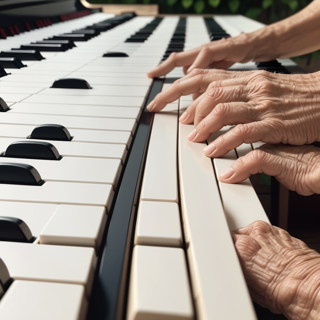 Aged hands with visible joints playing piano keys, showing both the wear of arthritis and the grace of experience