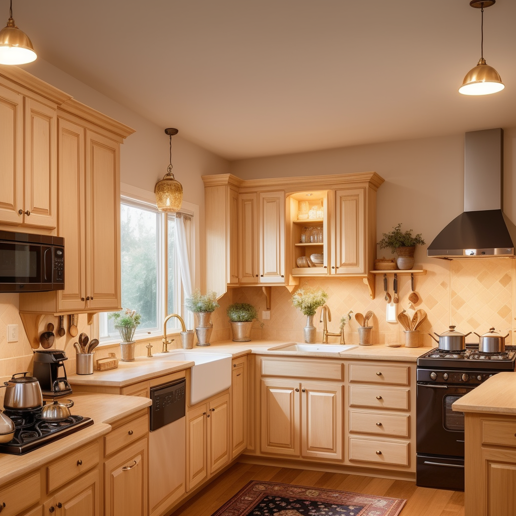 A warm, inviting kitchen at dawn with soft golden lighting from appliances and morning sun