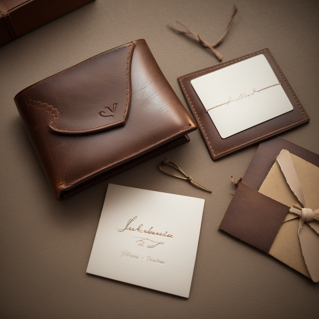 A brown leather monogrammed wallet with a handwritten note card, representing a final gift from someone who has passed