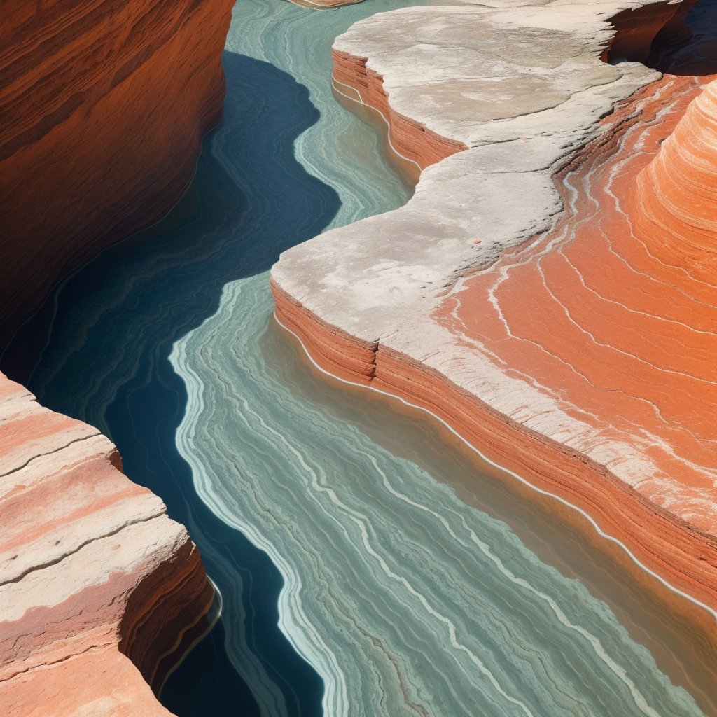 A river-carved canyon with layered striated rock in oranges and blues, showing millions of years of patient erosion