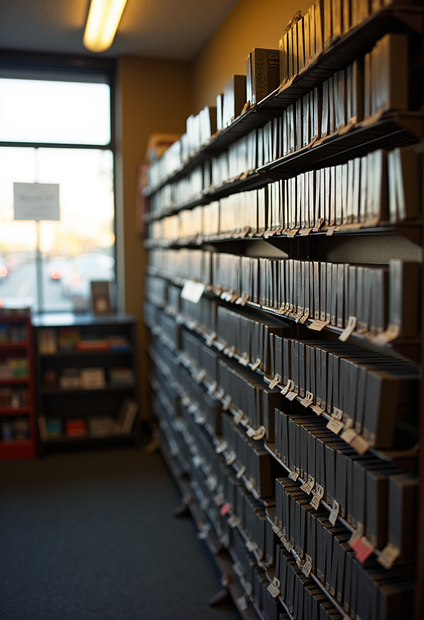 The interior of a small used video game shop, one wall floor-to-ceiling with loose plastic cartridges standing upright in wire racks with handwritten paper divider tabs, warm daylight coming through a storefront window onto worn carpet, the store empty