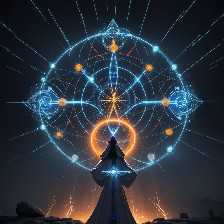 Sacred geometry visualization showing three glowing orbs connected in a circuit pattern—blue storm energy, central orange hearth fire, and bright torch light—forming a designed connection against a cosmic background