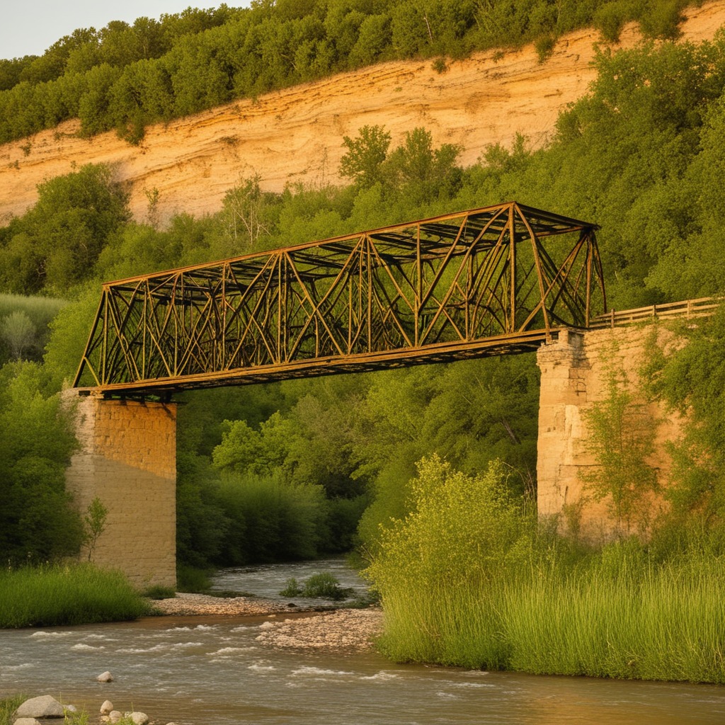 A single-span 1917 wrought-iron Pratt truss bridge crossing a narrow river between two limestone bluffs, lit gold by the low evening sun, an old mill at the far end
