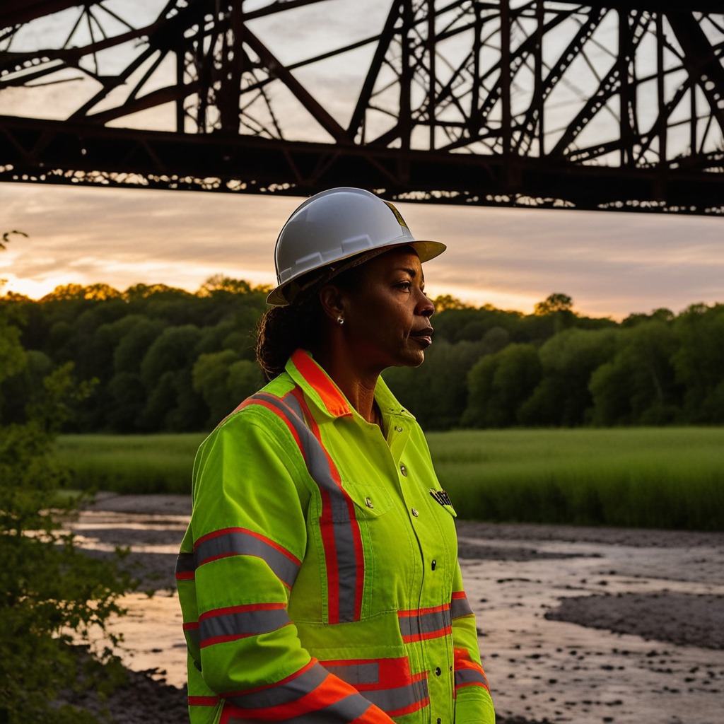 A bridge inspector in a hard hat stands on a limestone riverbank at dusk, looking up at the dark silhouette of the iron truss bridge against the last gold light, the weight of a decision on her shoulders