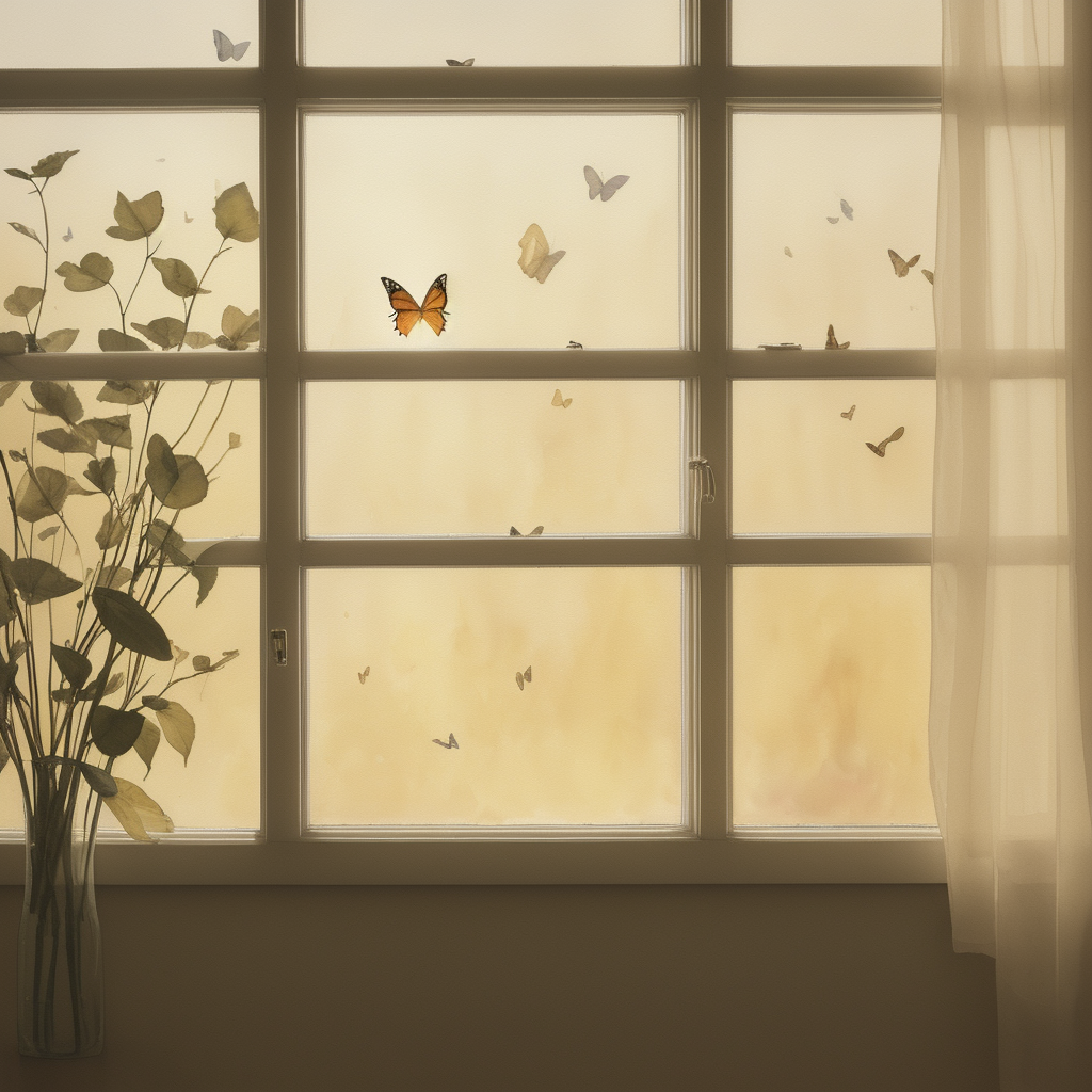 Monarch butterfly with torn wing on hospital windowsill at sunset