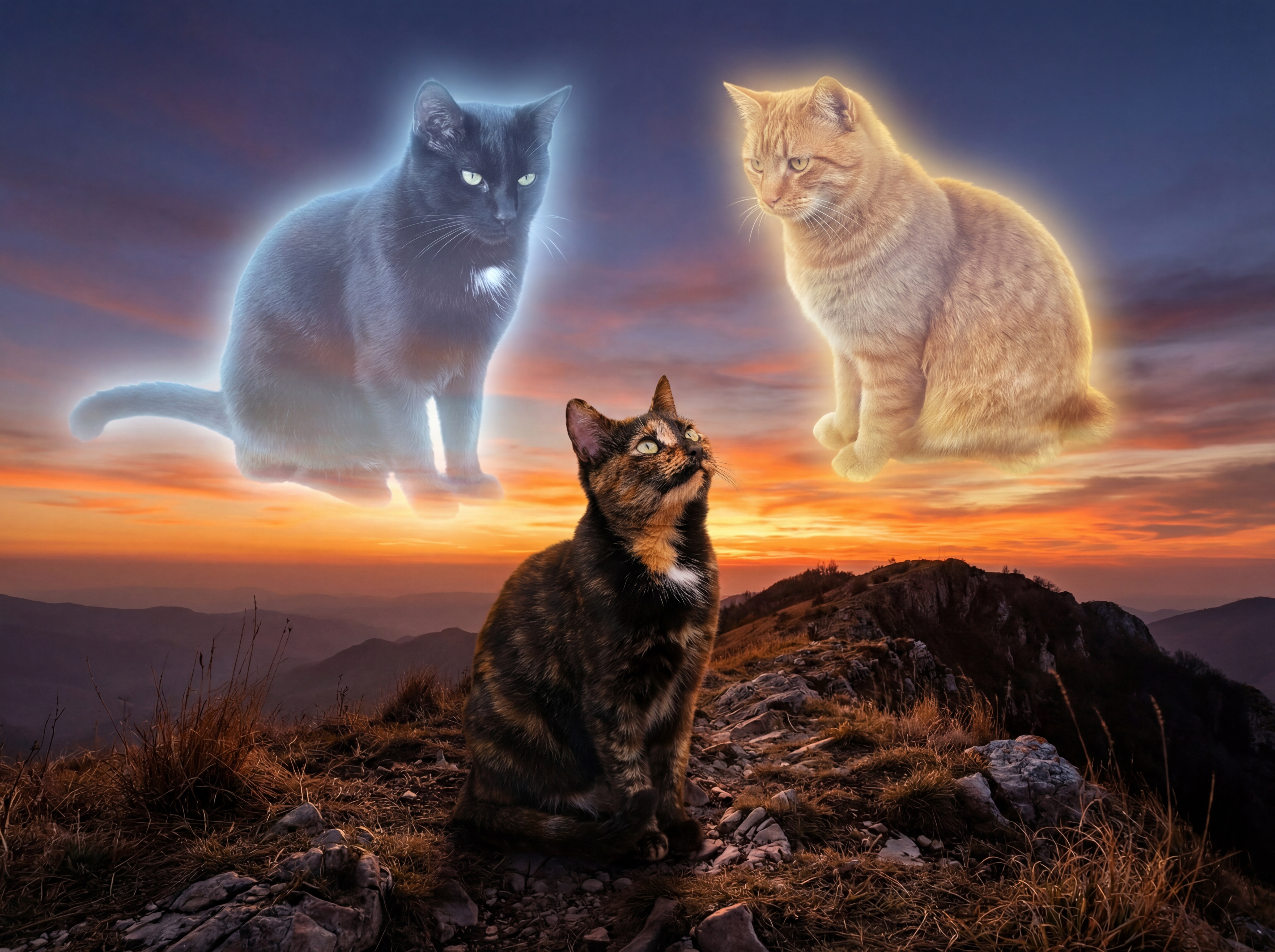 A tortoiseshell cat on a ridge at sunset, looking up at two glowing spirit cats in the sky—one black with a white chest patch, one orange tabby—both watching over her with love