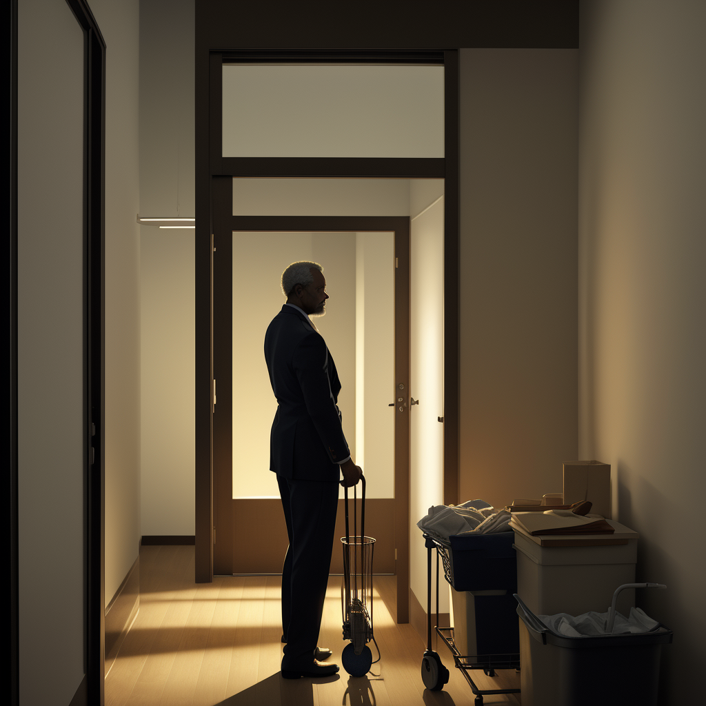 A silhouette in an empty office building doorway at night, bearing witness to what people leave behind