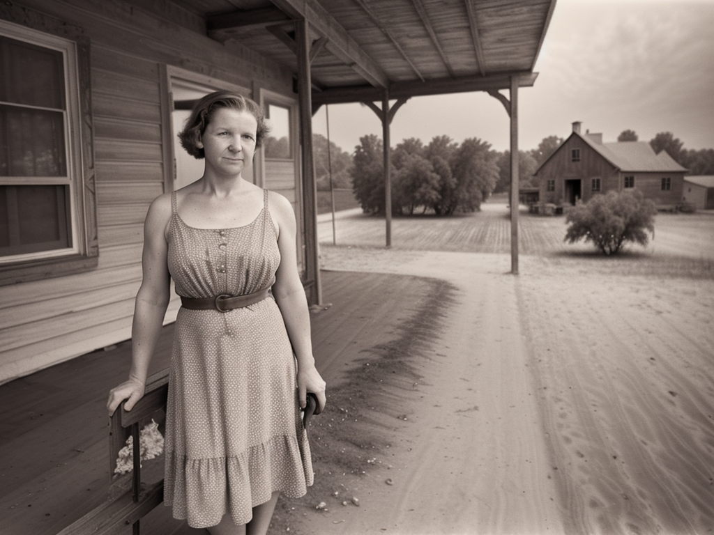 A woman in a simple dress standing on a dusty Kansas street during the Dust Bowl era, dignity amid hardship